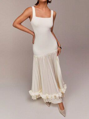 Apricot Elegant Women's Sleeveless Patchwork Pleated Ruffle Dress